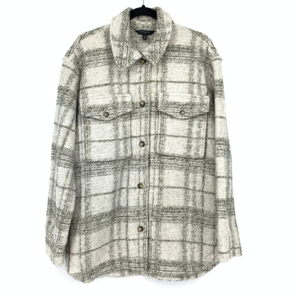 Banana Republic Factory Button Front Shirt Jacket Womens Sz M Gray Cream Plaid